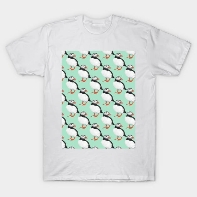 Puffin pattern light green background T-Shirt by IslesArt